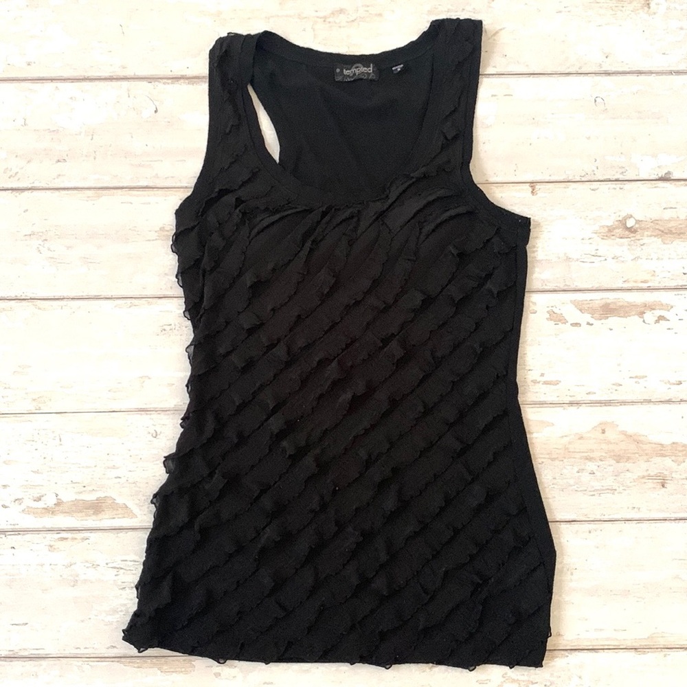 Women’s S/M Black Ruffle Tank Top Sleeveless Shirt Tempted Brand Size Small
